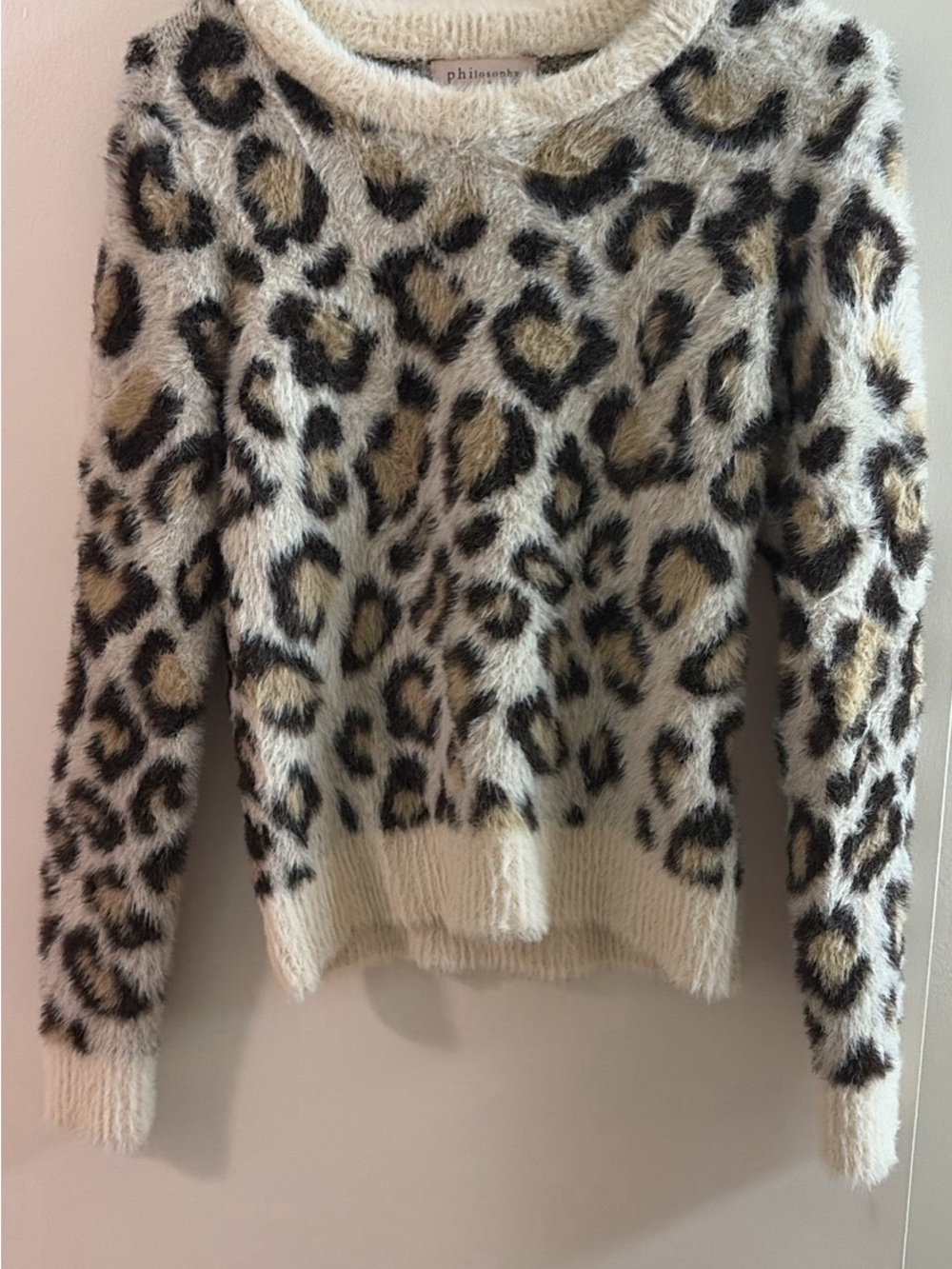 Philosophy Fuzzy Leopard Crewneck Sweater in Cream, Tan & Black